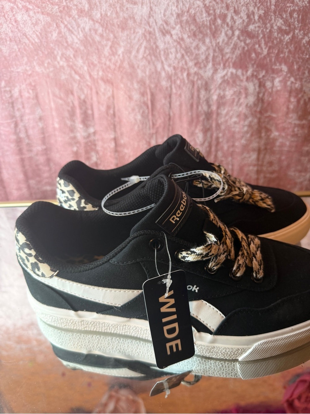 Reebok Black and White Platform Sneakers with Leopard Trim